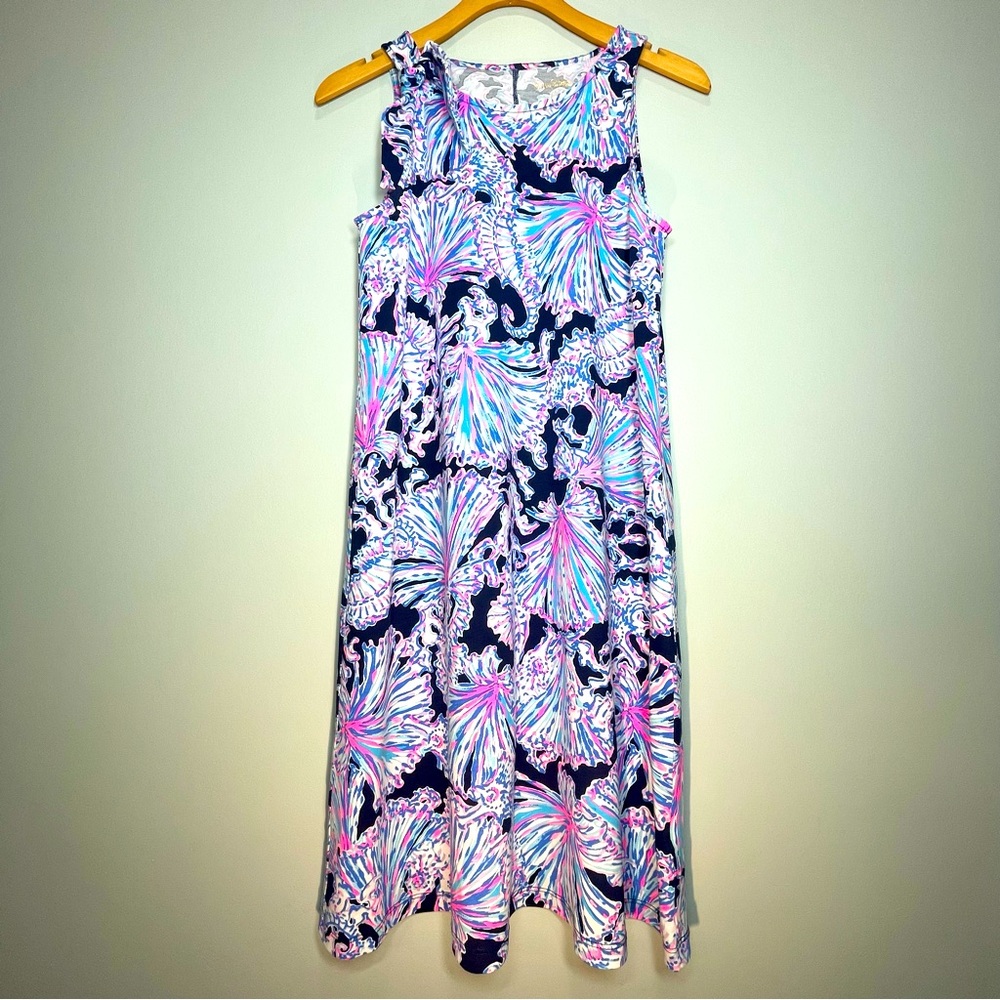 LILLY PULITZER Luella Dress Deep Sea Navy Shells Sells Tie Shoulder Size XS